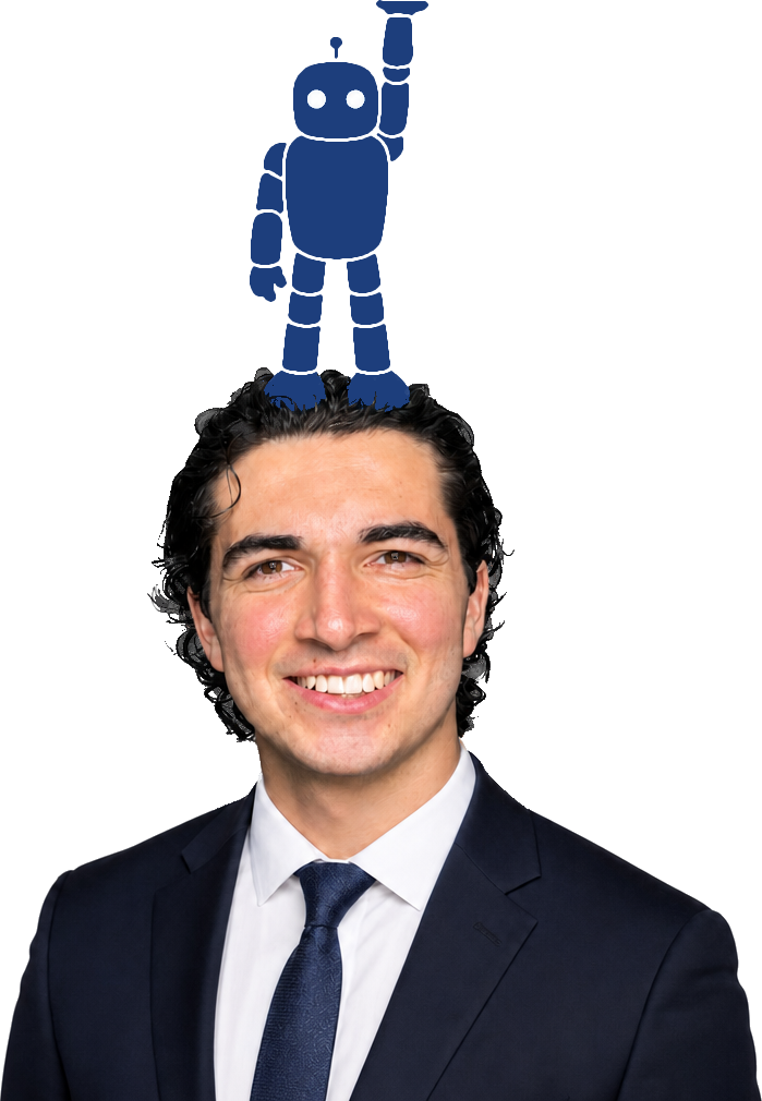 Gibson Rivas, with the MadeTime robot standing on his head