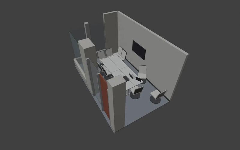 The same room as a 3D model, seen from above one corner