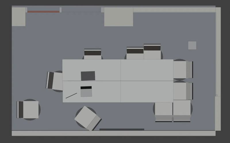 Top-down plan view of the 3D model: the table, the chairs and the walls